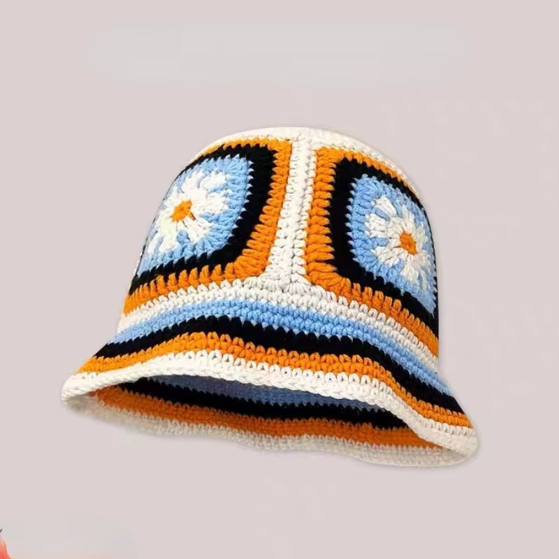 2024 Spring New Crochet Hat Korean Handmade Bucket Hat Women'S Weaving Knitted Hat Y2K Fashion Flowers Autumn Winter Ins Beanies