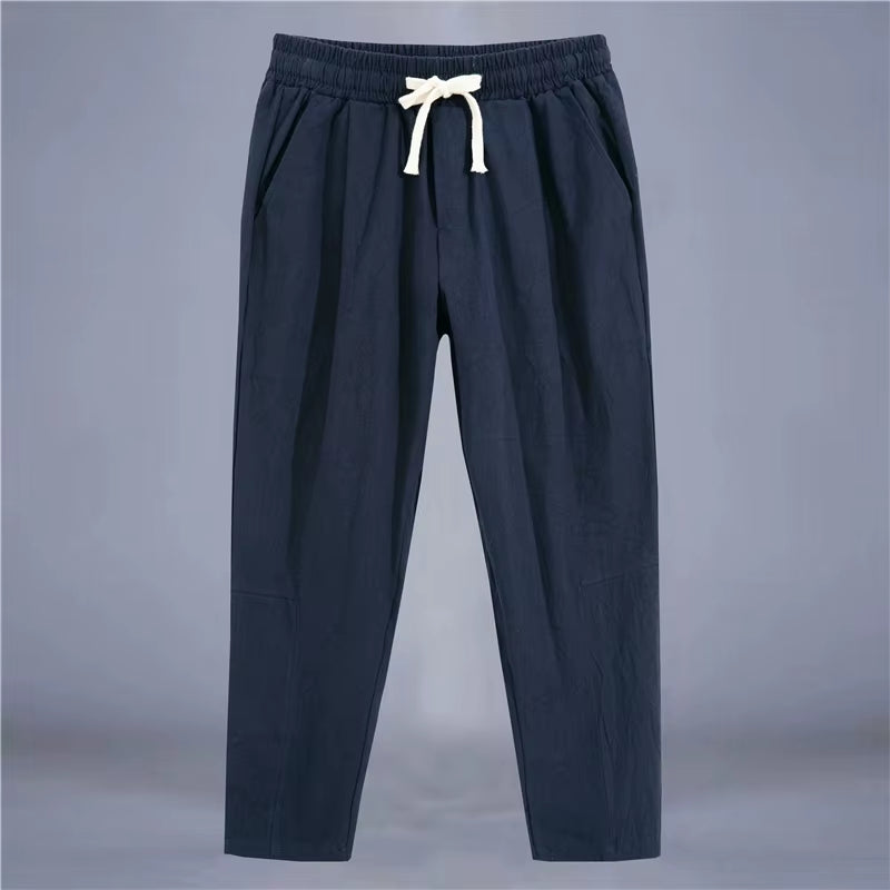 Men'S Trousers Cotton Linen Fashion Casual Pants Solid Color Breathable Loose Shorts Straight Drawstring Pants Streetwear Men