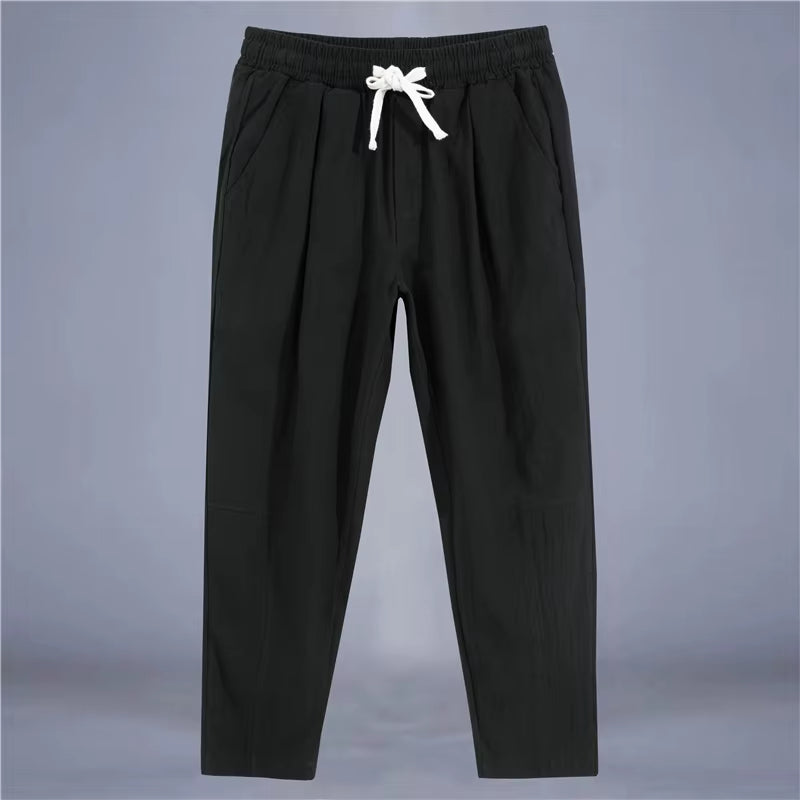 Men'S Trousers Cotton Linen Fashion Casual Pants Solid Color Breathable Loose Shorts Straight Drawstring Pants Streetwear Men