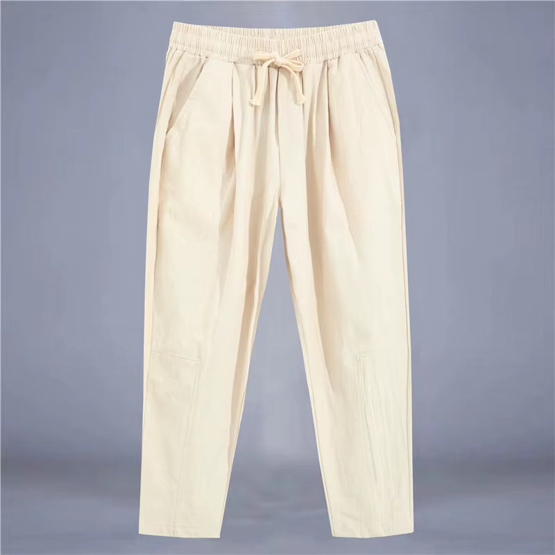 Men'S Trousers Cotton Linen Fashion Casual Pants Solid Color Breathable Loose Shorts Straight Drawstring Pants Streetwear Men