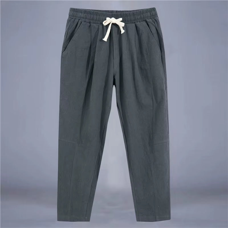 Men'S Trousers Cotton Linen Fashion Casual Pants Solid Color Breathable Loose Shorts Straight Drawstring Pants Streetwear Men