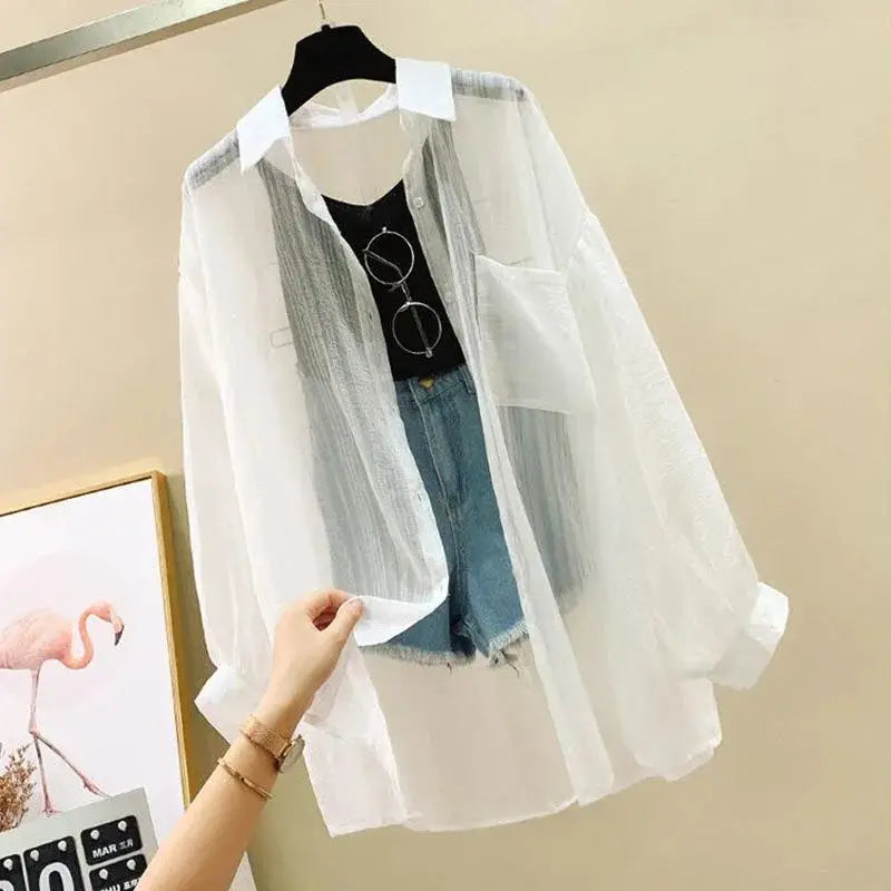 Summer Sunscreen Shirt Elegant Perspective Thin Chiffon Blouse Korean Harajuku See through Loose Top Casual Women'S Cardigan