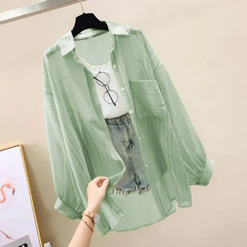 Summer Sunscreen Shirt Elegant Perspective Thin Chiffon Blouse Korean Harajuku See through Loose Top Casual Women'S Cardigan
