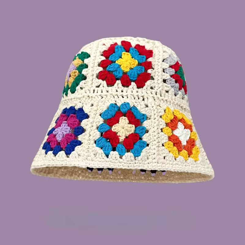 2024 Spring New Crochet Hat Korean Handmade Bucket Hat Women'S Weaving Knitted Hat Y2K Fashion Flowers Autumn Winter Ins Beanies