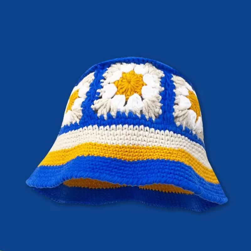 2024 Spring New Crochet Hat Korean Handmade Bucket Hat Women'S Weaving Knitted Hat Y2K Fashion Flowers Autumn Winter Ins Beanies