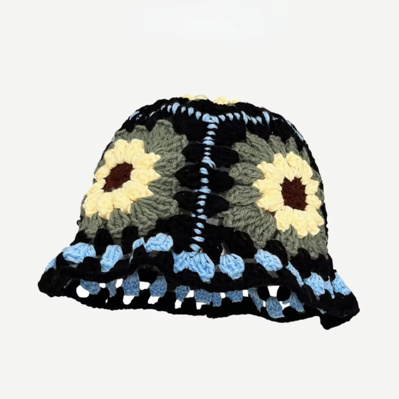 2024 Spring New Crochet Hat Korean Handmade Bucket Hat Women'S Weaving Knitted Hat Y2K Fashion Flowers Autumn Winter Ins Beanies