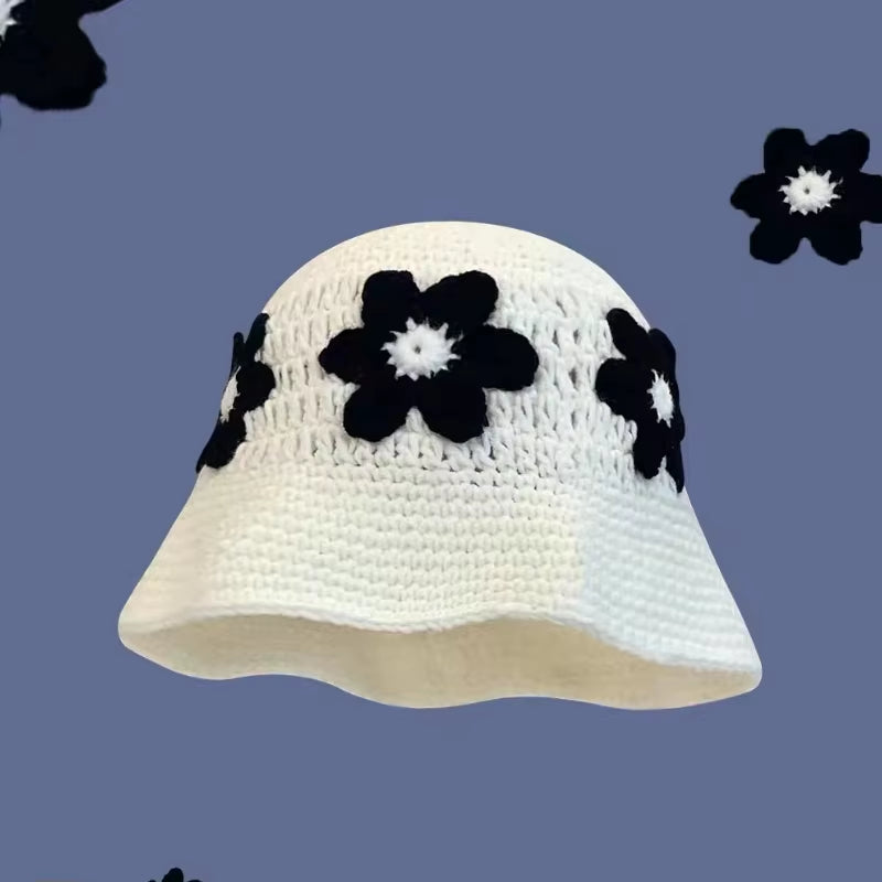 2024 Spring New Crochet Hat Korean Handmade Bucket Hat Women'S Weaving Knitted Hat Y2K Fashion Flowers Autumn Winter Ins Beanies
