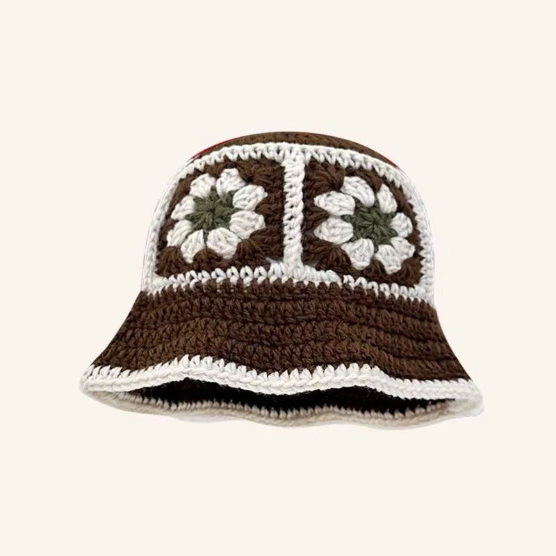 2024 Spring New Crochet Hat Korean Handmade Bucket Hat Women'S Weaving Knitted Hat Y2K Fashion Flowers Autumn Winter Ins Beanies