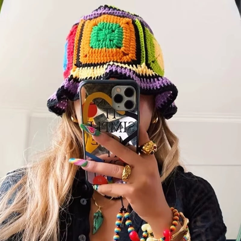 2024 Spring New Crochet Hat Korean Handmade Bucket Hat Women'S Weaving Knitted Hat Y2K Fashion Flowers Autumn Winter Ins Beanies