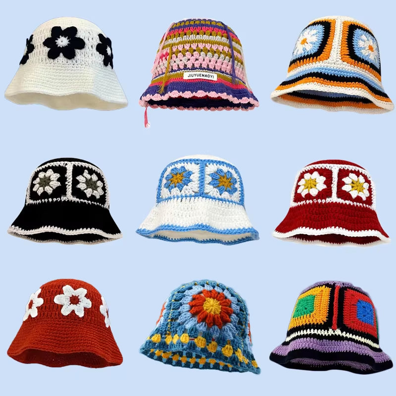 2024 Spring New Crochet Hat Korean Handmade Bucket Hat Women'S Weaving Knitted Hat Y2K Fashion Flowers Autumn Winter Ins Beanies