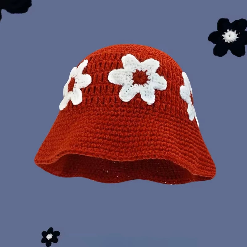 2024 Spring New Crochet Hat Korean Handmade Bucket Hat Women'S Weaving Knitted Hat Y2K Fashion Flowers Autumn Winter Ins Beanies