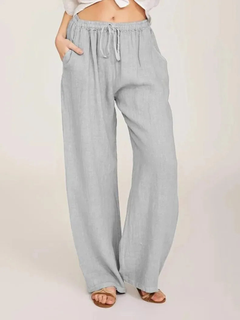 Women'S Cotton Linen Pants Casual Loose Solid Elastic Waist Pocket Straight Trousers Ladies Oversize Wide Leg Pant Streetwear