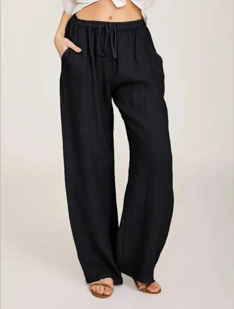 Women'S Cotton Linen Pants Casual Loose Solid Elastic Waist Pocket Straight Trousers Ladies Oversize Wide Leg Pant Streetwear