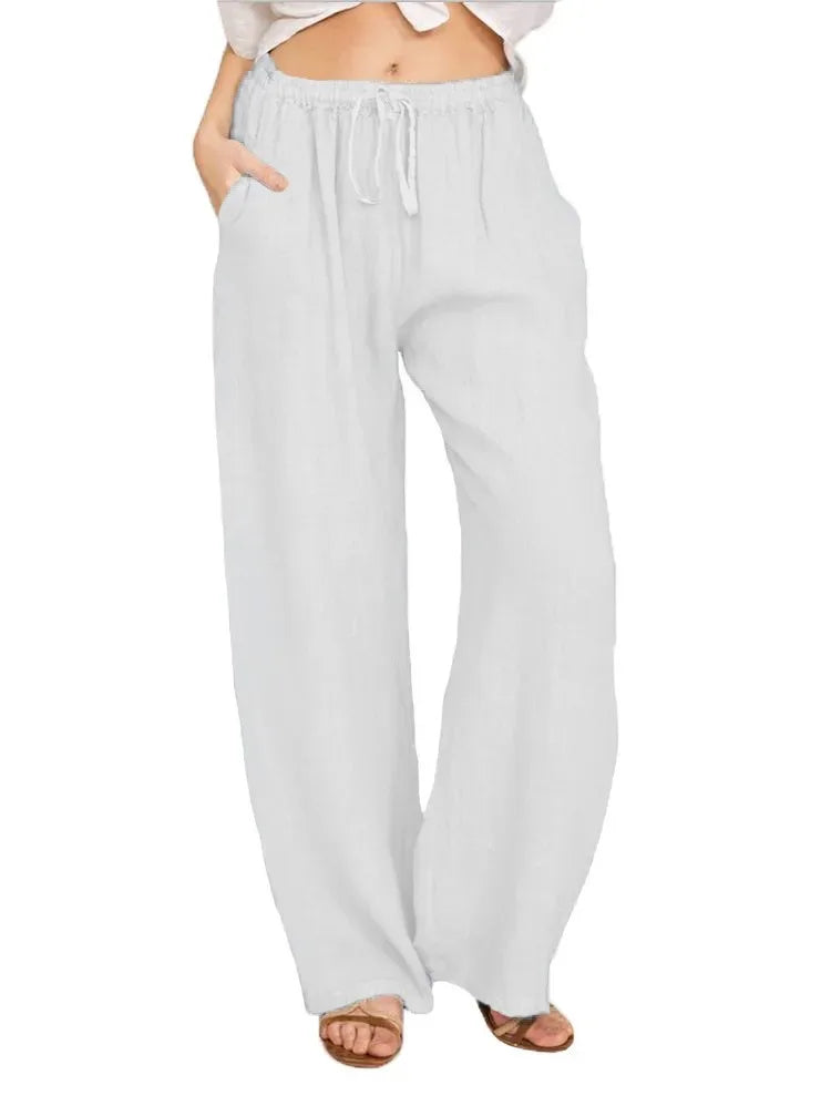 Women'S Cotton Linen Pants Casual Loose Solid Elastic Waist Pocket Straight Trousers Ladies Oversize Wide Leg Pant Streetwear