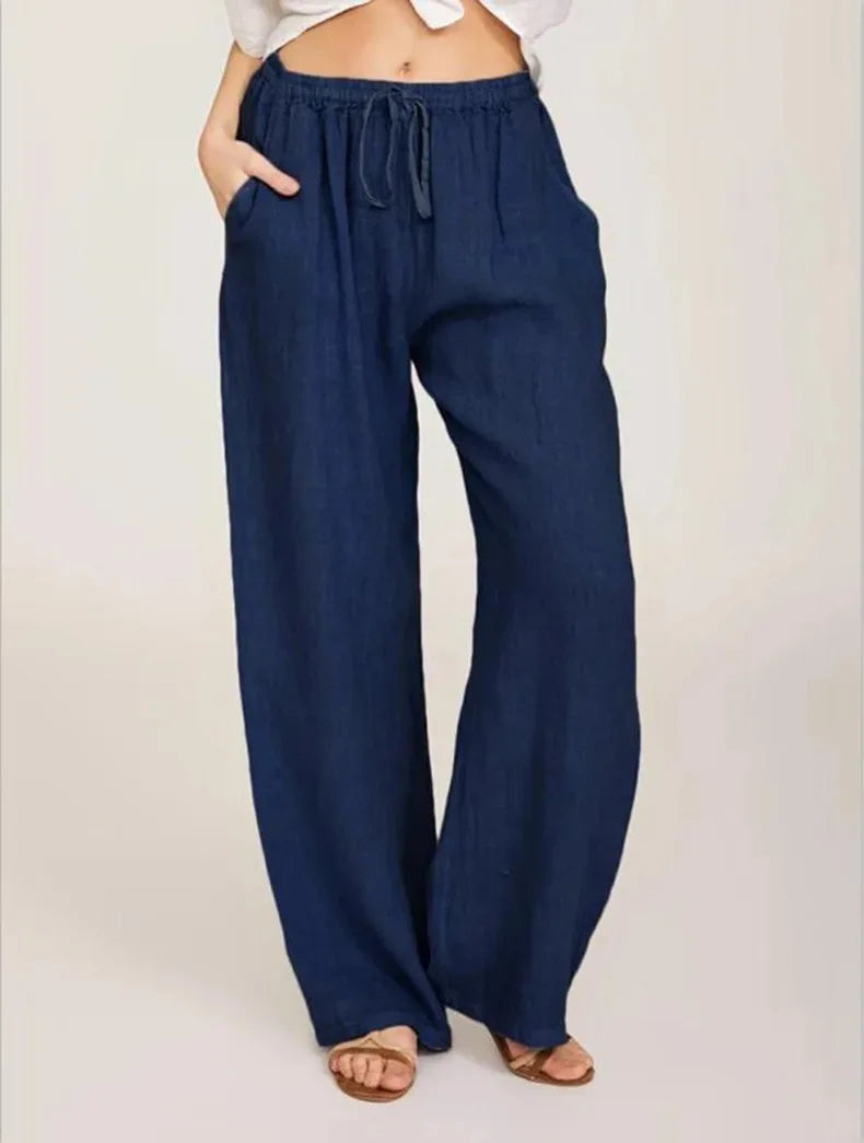 Women'S Cotton Linen Pants Casual Loose Solid Elastic Waist Pocket Straight Trousers Ladies Oversize Wide Leg Pant Streetwear