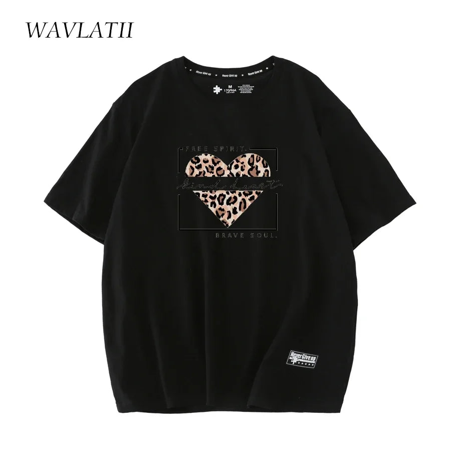 WAVLATII New Fashion Women Cotton T Shirts Female White Summer Leopard Print Tees Lady Green Short Sleeve Tops Clothes WT2227