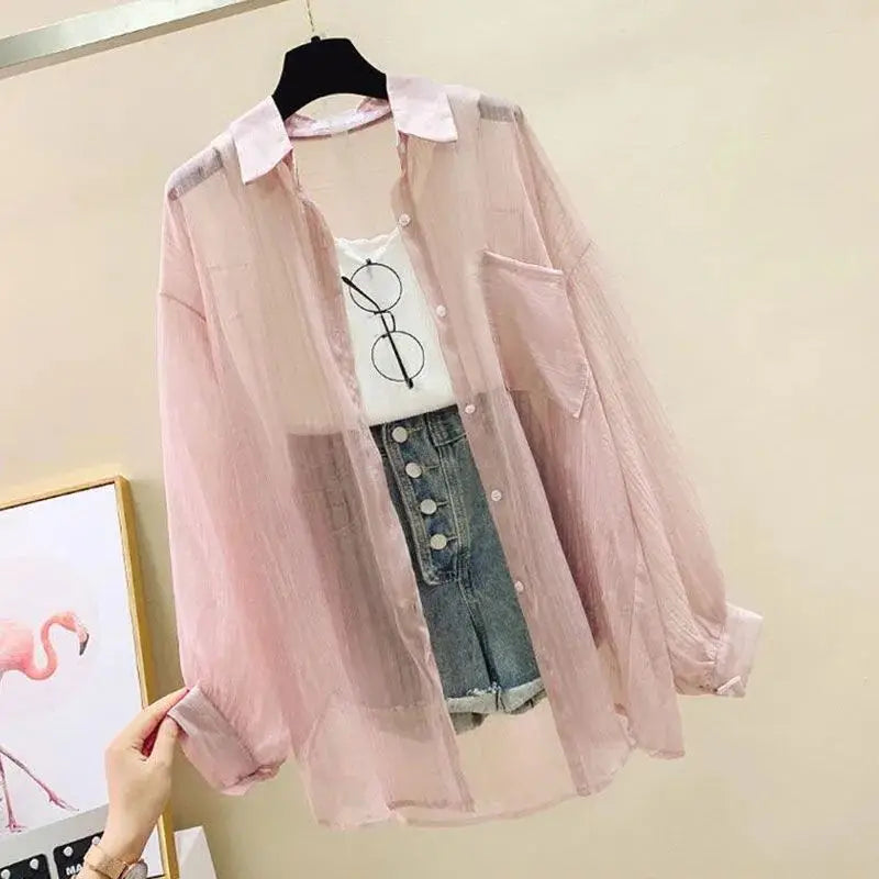 Summer Sunscreen Shirt Elegant Perspective Thin Chiffon Blouse Korean Harajuku See through Loose Top Casual Women'S Cardigan