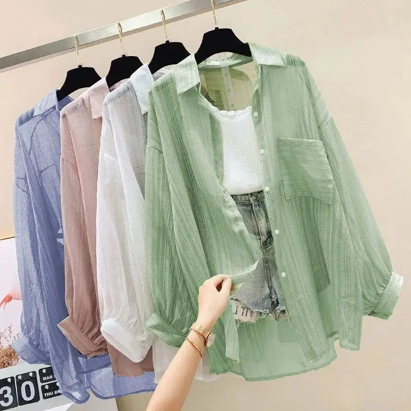 Summer Sunscreen Shirt Elegant Perspective Thin Chiffon Blouse Korean Harajuku See through Loose Top Casual Women'S Cardigan