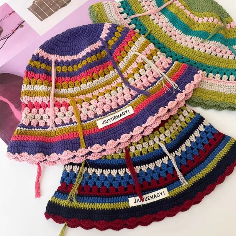 2024 Spring New Crochet Hat Korean Handmade Bucket Hat Women'S Weaving Knitted Hat Y2K Fashion Flowers Autumn Winter Ins Beanies
