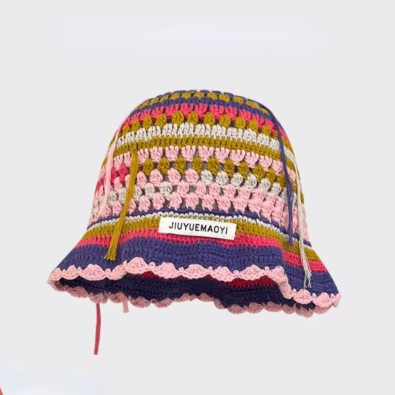 2024 Spring New Crochet Hat Korean Handmade Bucket Hat Women'S Weaving Knitted Hat Y2K Fashion Flowers Autumn Winter Ins Beanies