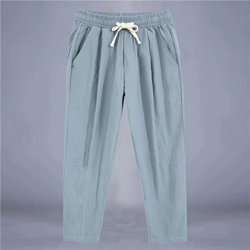 Men'S Trousers Cotton Linen Fashion Casual Pants Solid Color Breathable Loose Shorts Straight Drawstring Pants Streetwear Men