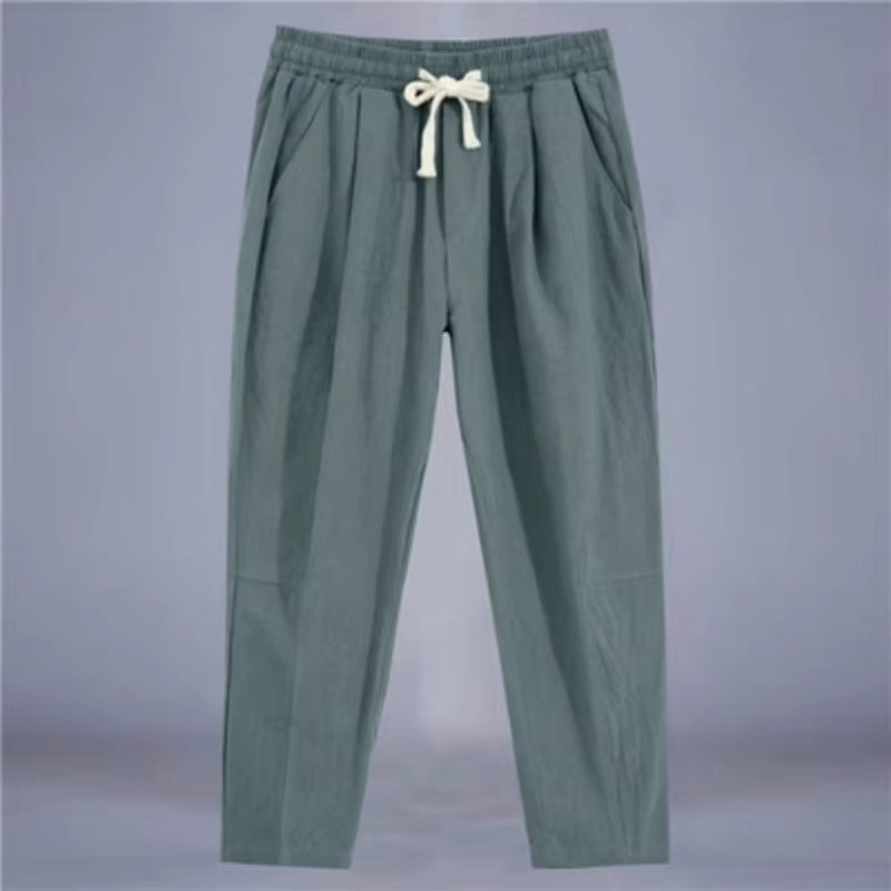 Men'S Trousers Cotton Linen Fashion Casual Pants Solid Color Breathable Loose Shorts Straight Drawstring Pants Streetwear Men