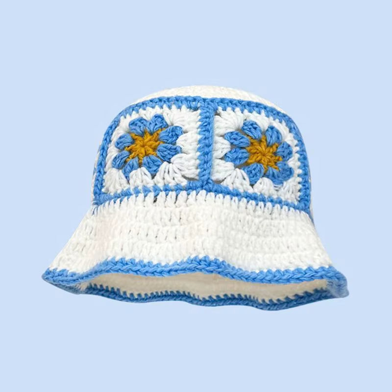 2024 Spring New Crochet Hat Korean Handmade Bucket Hat Women'S Weaving Knitted Hat Y2K Fashion Flowers Autumn Winter Ins Beanies